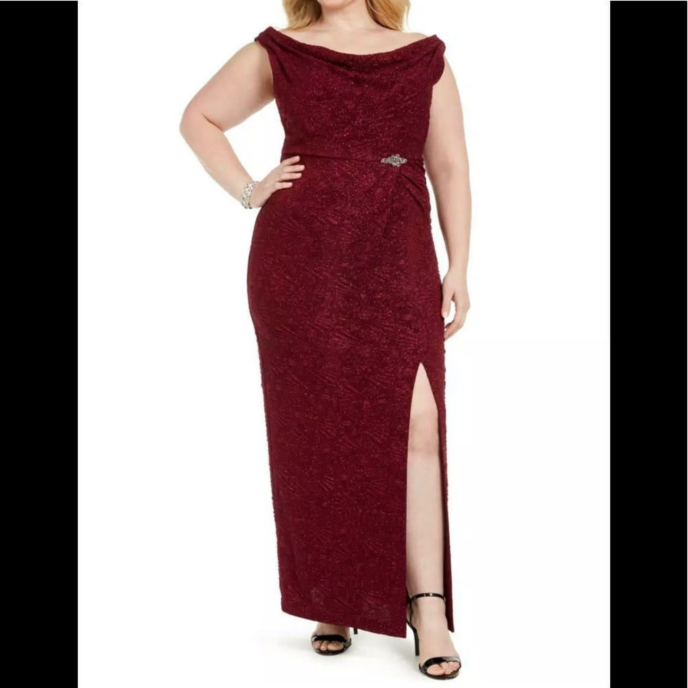 Women’s Formal Dress Plus Size 16W Alex Evenings Jacquard Maroon Red Gown NEW